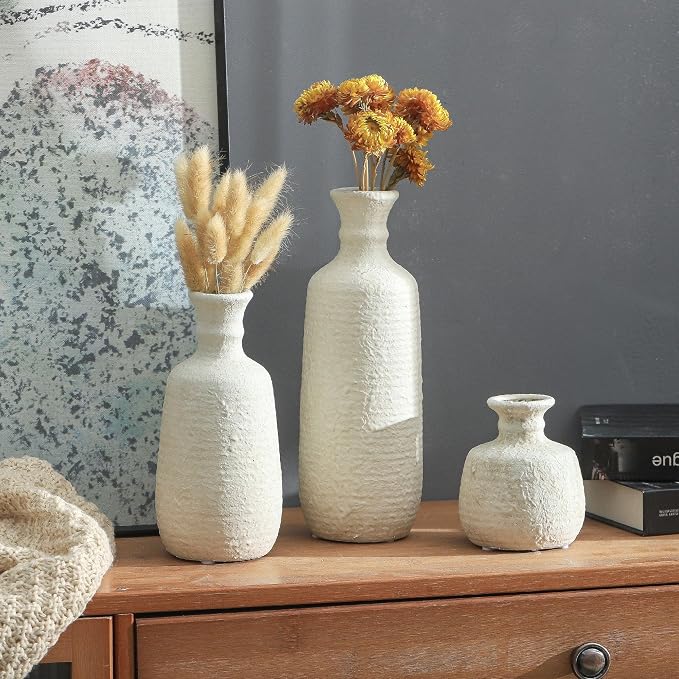 Ceramic Vase Set of 3, Neutral Rustic Vases Home Decor Farmhouse Decorative - Image 8