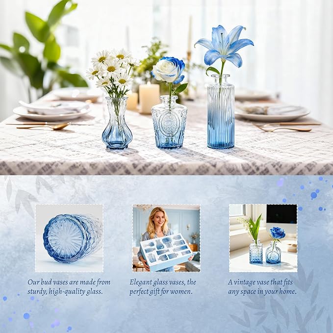 Der Rose 12pcs Glass Bud Vases, intricate textured glass, charming vintage style - Image 4