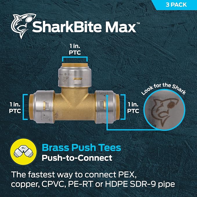 SharkBite Max 1 Inch Tee, Push to Connect Brass Plumbing Fitting, PEX Pipe - Image 2