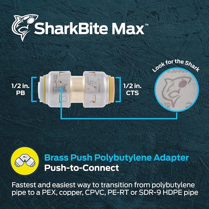 SharkBite Max 1/2 Inch Polybutylene Transition Coupling, Push to Connect Brass - Image 2