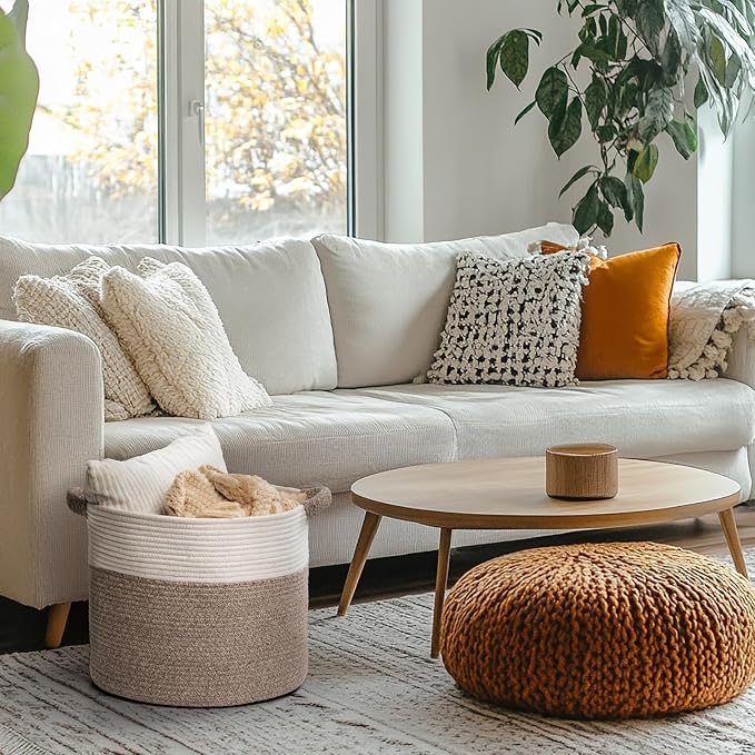 Blanket Basket for Living Room, Woven Rope Storage Basket | 16"D x 14"H | White - Image 2