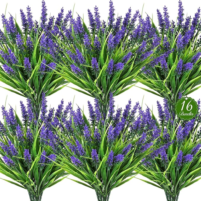 16PCS Artificial Flowers for Outdoors, Fake Lavender Plant, Filler for Hanging by AmberFun