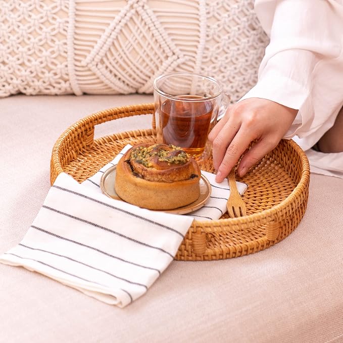 Rattan Round Serving Tray, Decorative Coffee Table Tray, Ottoman Hand Woven - Image 5