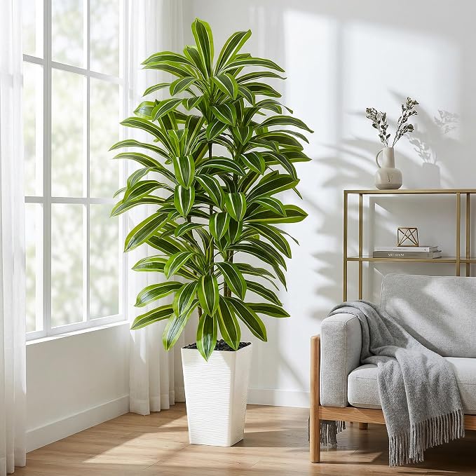 Artificial Dracaena Tree: 5FT Fake Plants Silk Faux Trees（White Pot） | - Image 8