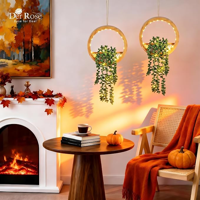 Der Rose 2 Pack Fake Lighted Hanging Succulent Plants Wood Pot - Image 6