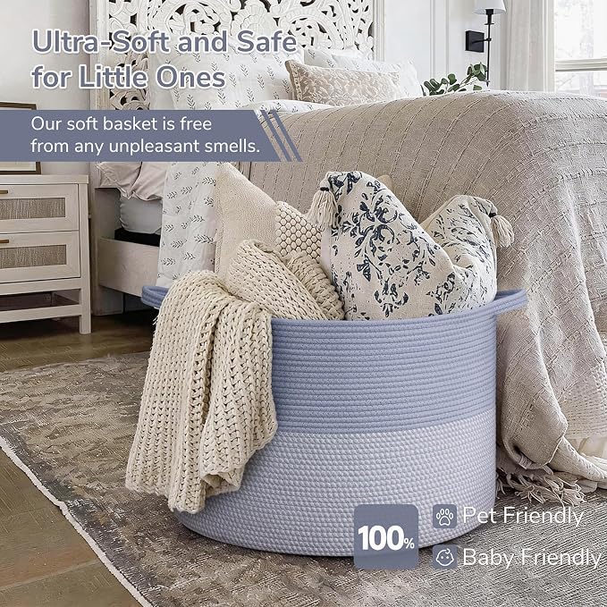INDRESSME 115L Extra Large Woven Rope Blanket Basket Living Room Blue | 23.6" x - Image 5