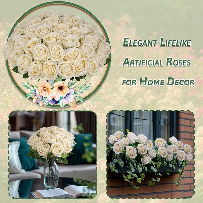 30 PCS Fake Champagne Roses, Artificial Flowers Bulk, Realistic Silk Roses | - Image 4