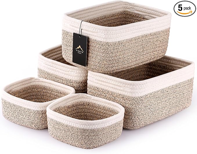 5-Pack Small Woven Rope Storage Baskets, 2 Sizes Organizer Bins | Fabric Cube by Unknown