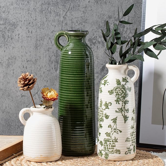Ceramic Vase Set of 3 with Handles, Versatile as Table Centerpiece or Mantel & by Unknown
