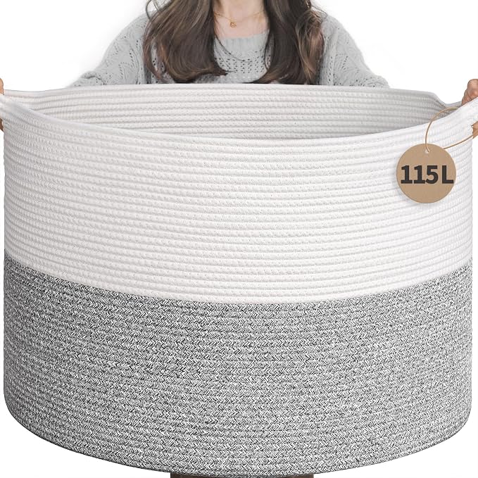 INDRESSME 115L Extra Large Woven Rope Blanket Basket Living Room Light Grey | by INDRESSME