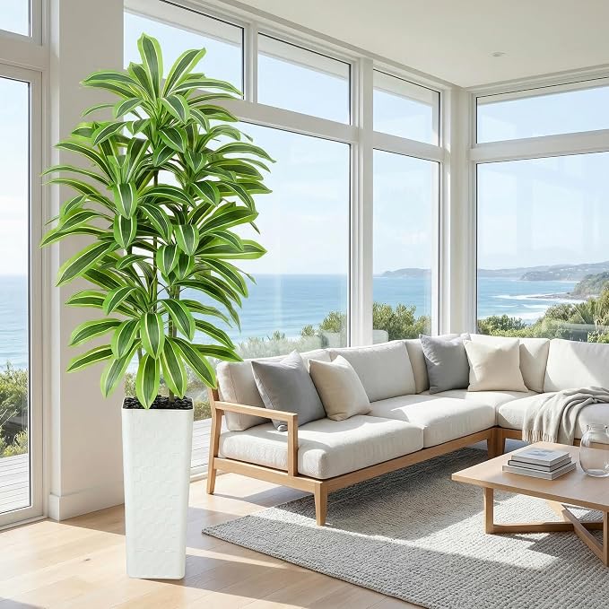 Artificial Dracaena Tree: 7FT Fake Plants Silk Faux Trees（White Pot） | - Image 9