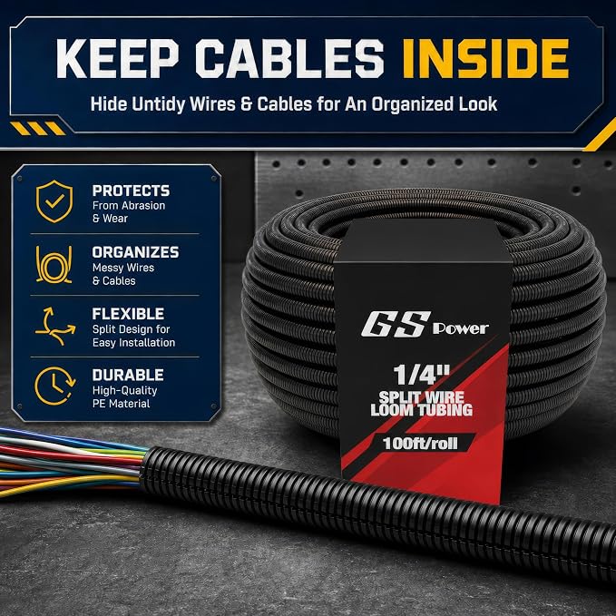 GS Power 1/4 Inch x 100ft Split Wire Loom Tubing, Split Cable Sleeve Cord - Image 9