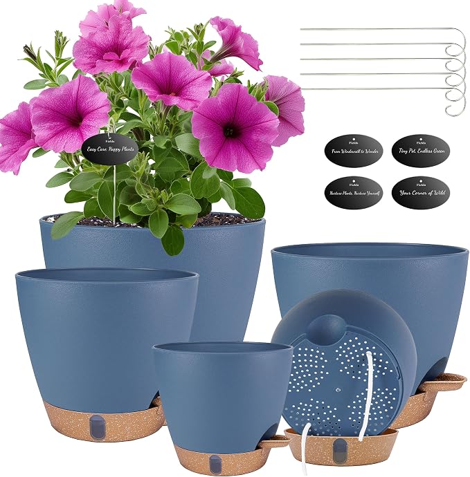 Self Watering Pots for Inoor Ourdoor Plants 8/7/6.5/6/5" Plastic Planters | by Fielda