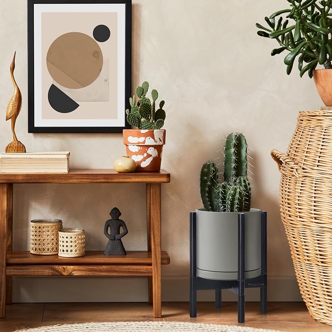 D'vine Dev Ceramic Pot with Ebony Wood Stand, 10 in, 55-B-L-3 | Mid-Century - Image 4