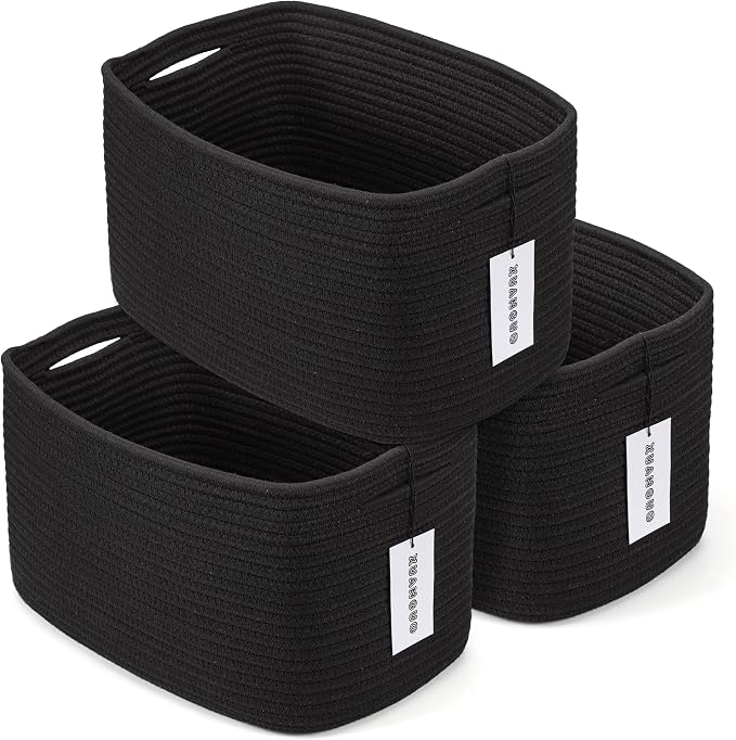 XUANGUO Woven Cotton Rope Storage Baskets 15x10x9.3" 3 Pack Black | Decorative by XUANGUO