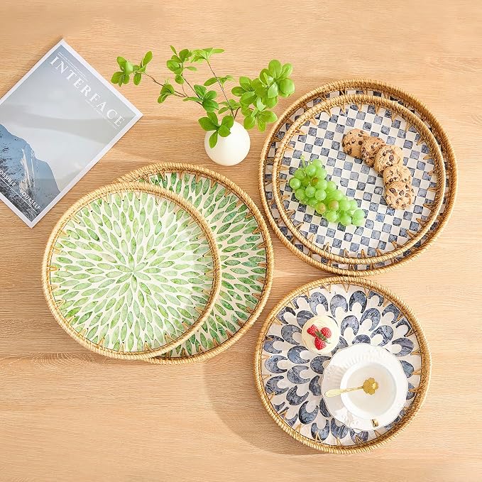Round Rattan Tray with Mother of Pearl Inlay, Rattan Serving Tray with Wooden - Image 5