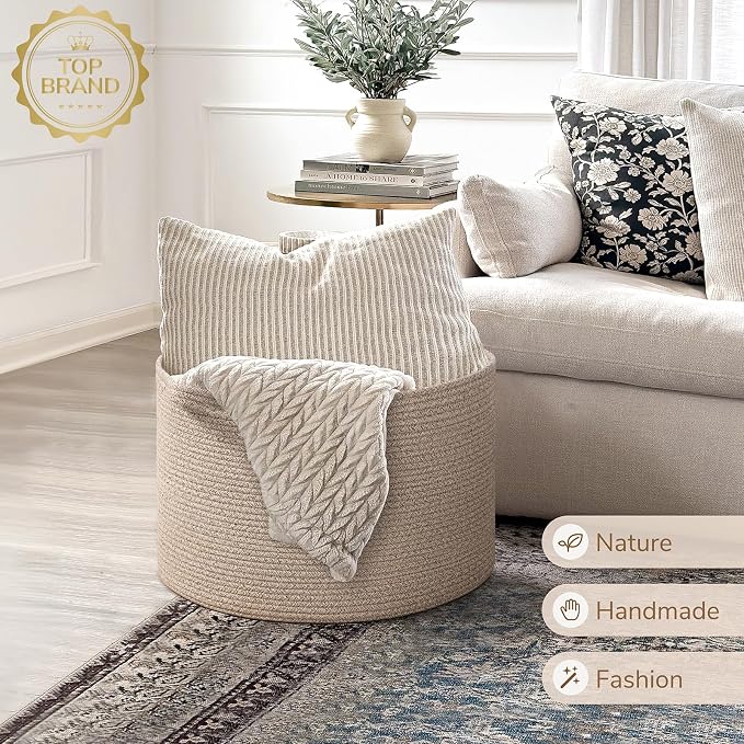 INDRESSME Large Woven Wicker Blanket Basket Living Room, 65L | 19.7" x 12.6" - Image 7