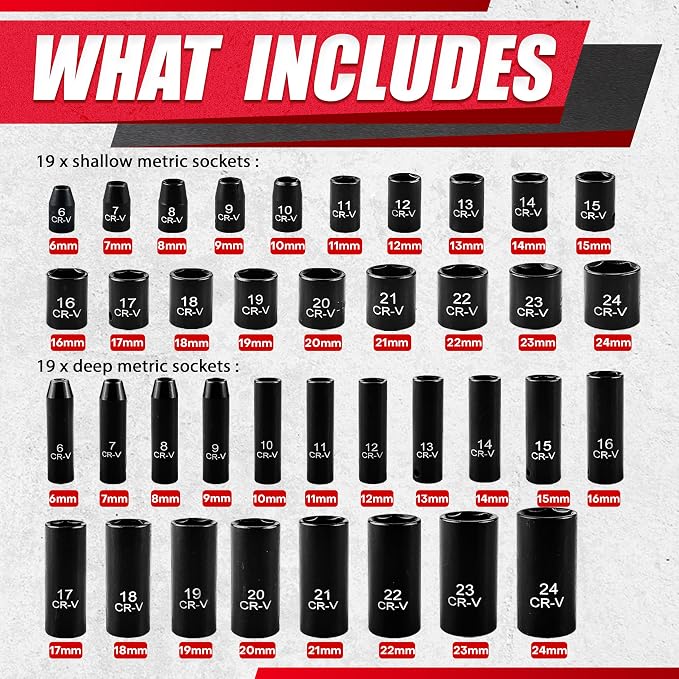 EACELIY 64pcs 3/8" Socket Set, Drive Impact Socket Set, SAE/Metric, Deep & - Image 2