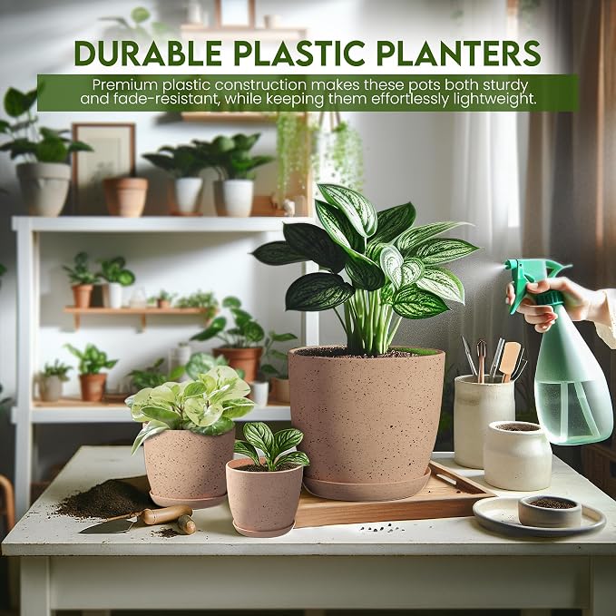Plant Pots Indoor with Drainage 5 Pack Multisize Planters Spotty Peach Pink | - Image 6