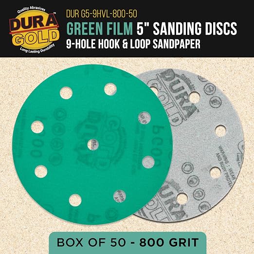 Dura-Gold Premium 800 Grit 5" Green Film Sanding Discs, 9-Hole Pattern - Image 2