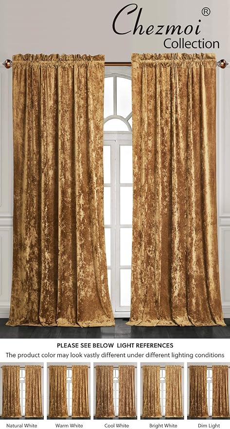Chezmoi Collection Lux Caramel Gold Crushed Velvet Curtains 2 Panel Set - Image 6