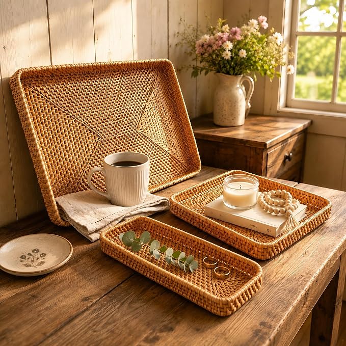 i-lan 17" Large Rattan Nesting Serving Trays, Handwoven Wicker Set of 3 | - Image 5