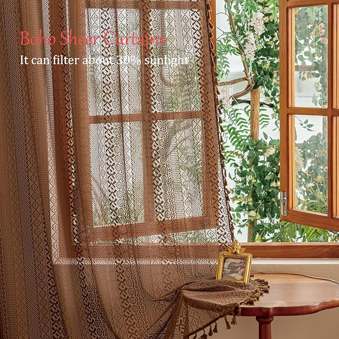 Sutuo Home Caramel Boho Curtains 2 Panels, Sheer Lace Curtains 90 Inches Long - Image 4