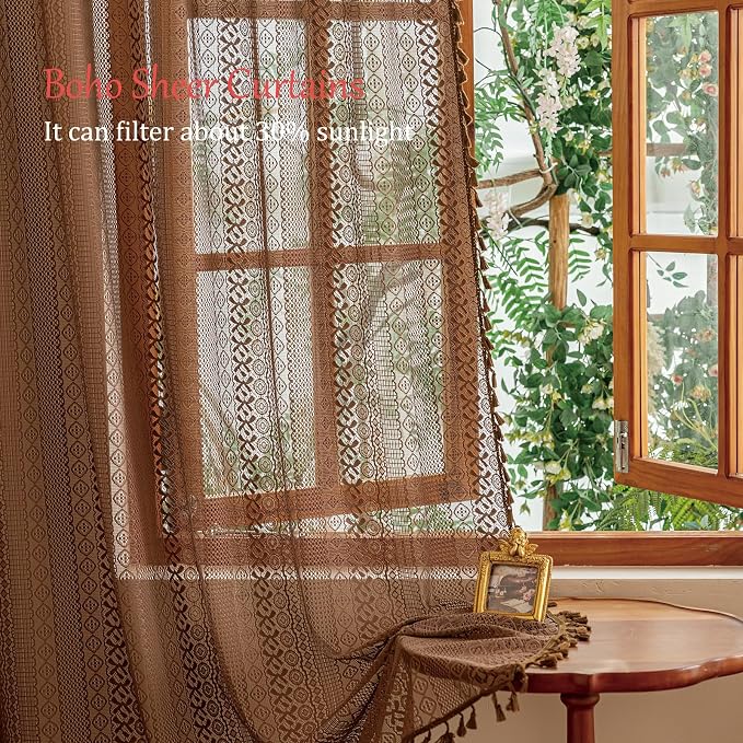 Sutuo Home Boho Lace Sheer Curtains 84 inches long, Bohemian Farmhouse Crochet - Image 3