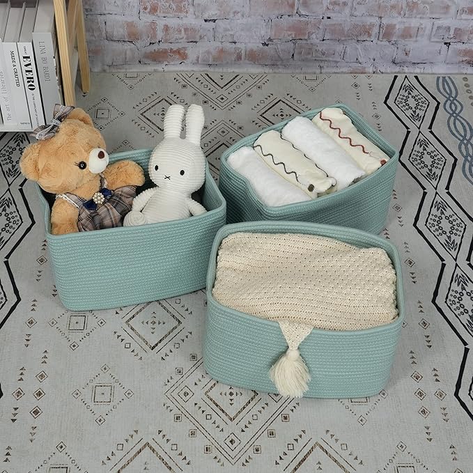 XUANGUO Woven Cotton Rope Storage Baskets 15x10x9.3" 3 Pack Green | Decorative - Image 4