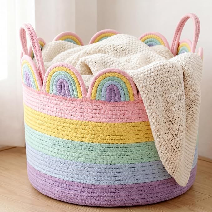 LemonRoad Round Woven Basket Pastel Rainbow, Cotton Rope Scalloped Edge Tassels by Unknown