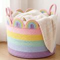 LemonRoad Round Woven Basket Pastel Rainbow, Cotton Rope Scalloped Edge Tassels by Unknown