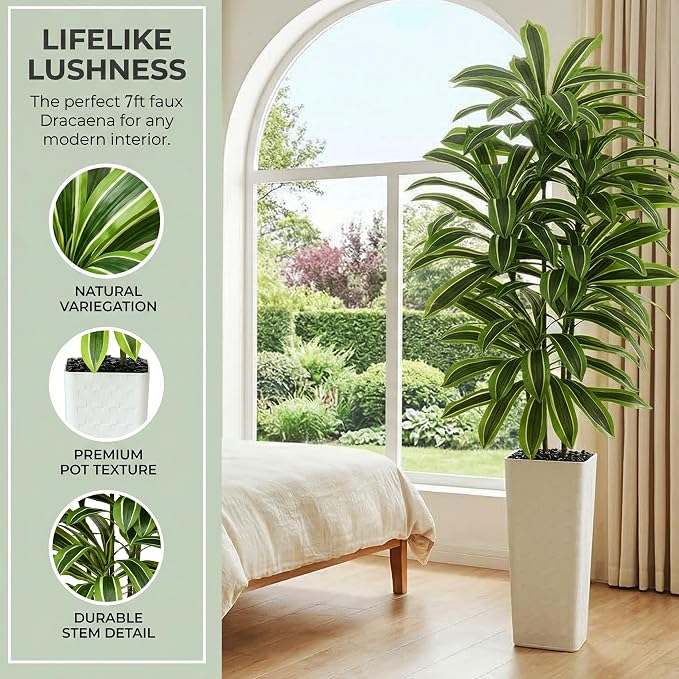 Artificial Dracaena Tree: 7FT Fake Plants Silk Faux Trees（White Pot） | - Image 6