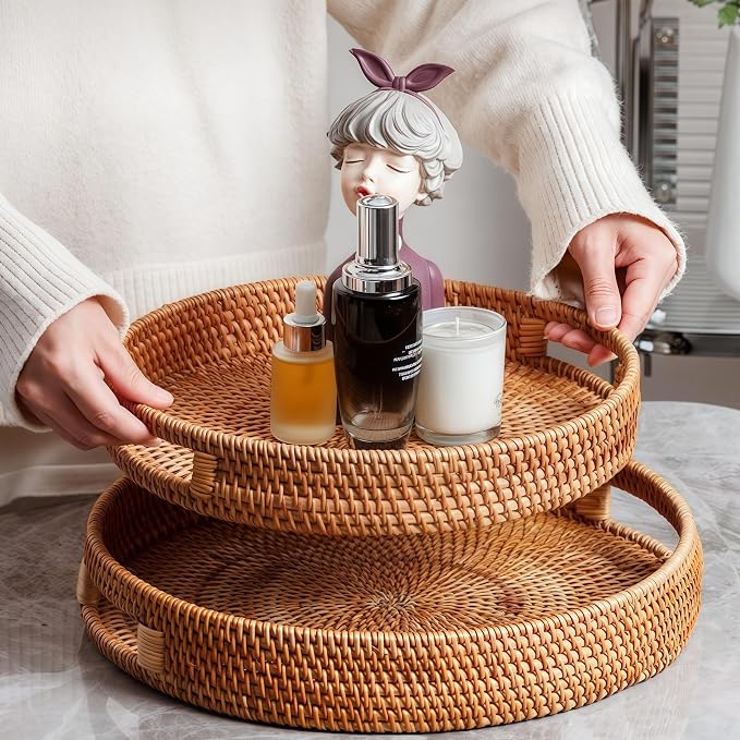 14" Round Rattan Tray, Hand Woven Serving Tray - Image 7