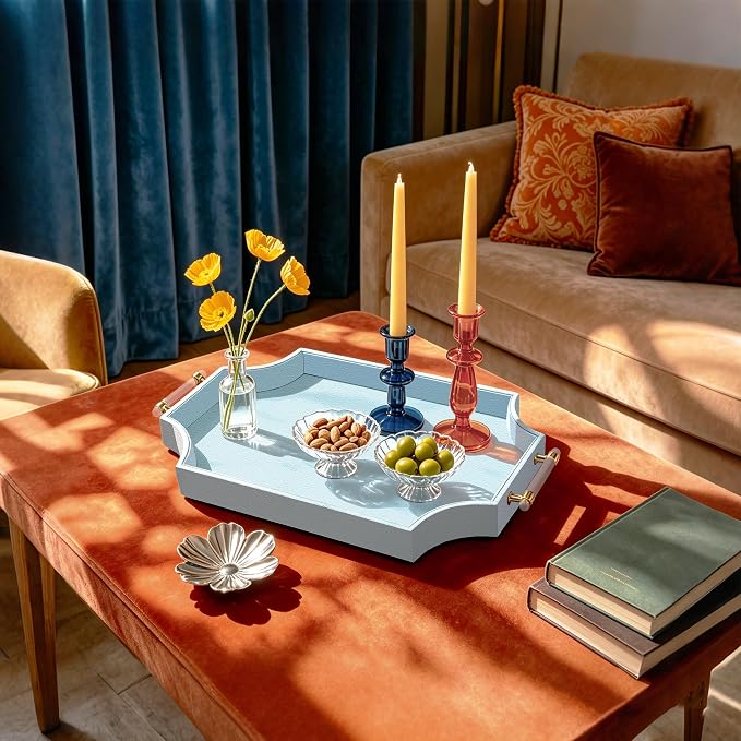 22.6'' × 13'' Coffee Table Tray Shagreen Scalloped Decorative Ottoman Tray | - Image 2