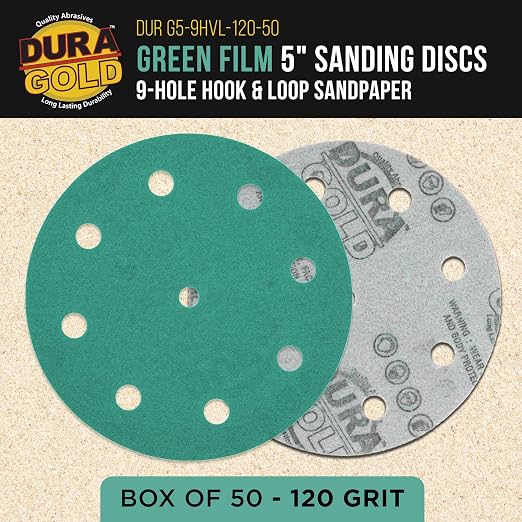 Dura-Gold Premium 120 Grit 5" Green Film Sanding Discs, 9-Hole Pattern - Image 2