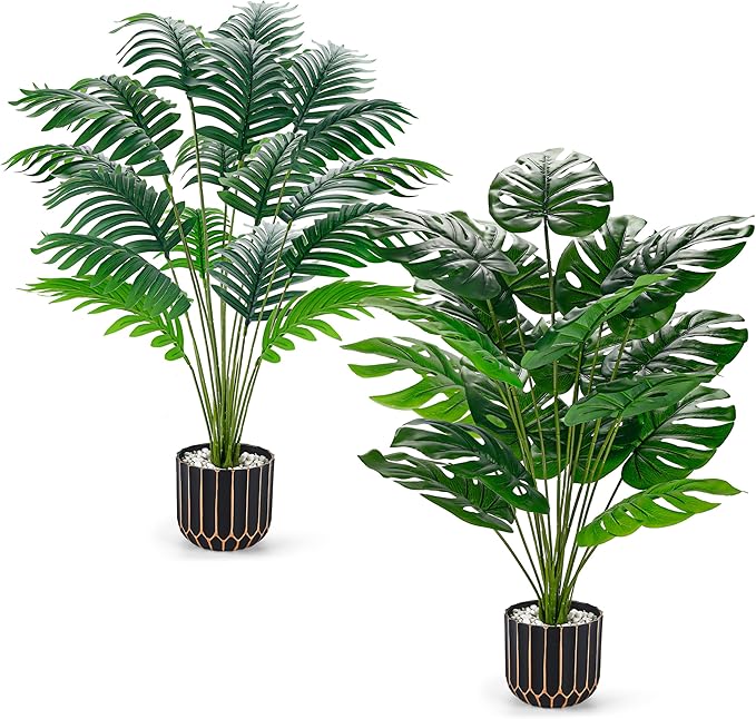 Der Rose 2 Pack 28" Fake Plants, Faux Palm and Monstera by DerRose