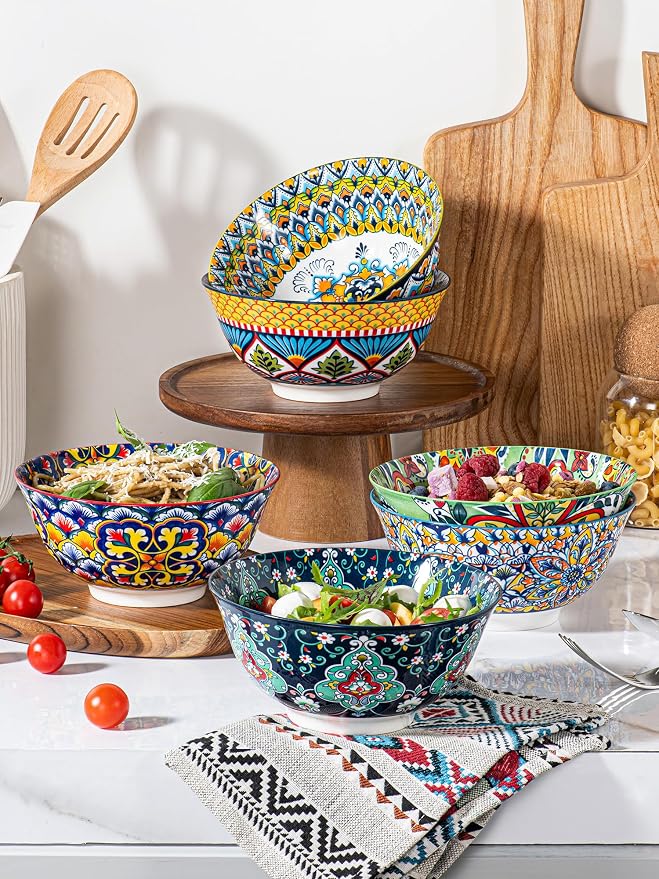 HENXFEN LEAD Boho Ceramic Cereal & Soup Bowls Set of 6, 24 oz | Assorted - Image 4