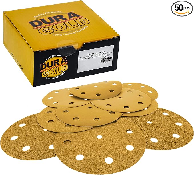 Dura-Gold Premium 5" Gold Hook & Loop 9 Hole Pattern Sanding Discs Variety Pack by Dura-Gold