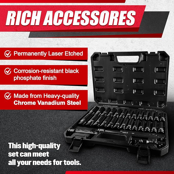 29pcs 1/2" Socket Set, Drive Deep Impact Socket Set, Including 3 ", Standard - Image 2