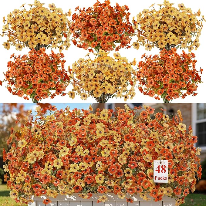 Alupssuc 48 Bundles Artificial Fall Flowers, UV Resistant Faux Mums Porch | by Alupssuc