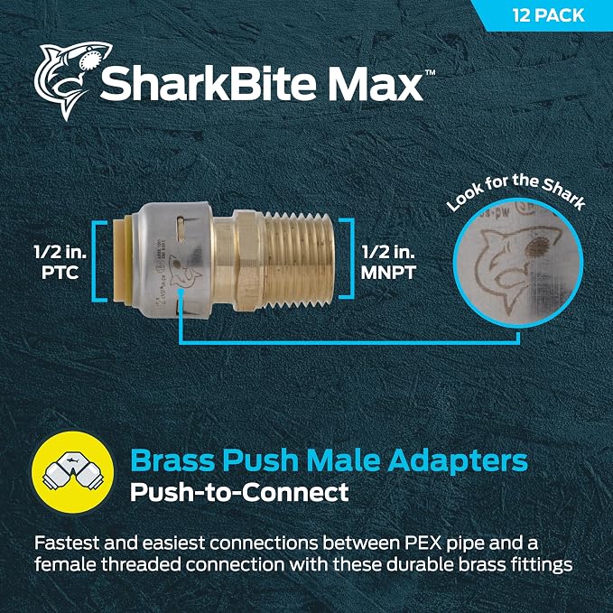 SharkBite Max Male Adapter, 1/2 in Push-to-Connect x 1/2 in MNPT, Brass - Image 2