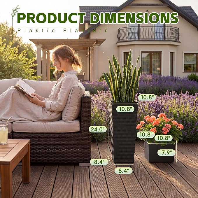 Devoko Resin 24'' Tall Planters Set of 2, Large Taper Outdoor Planter Pots | - Image 5