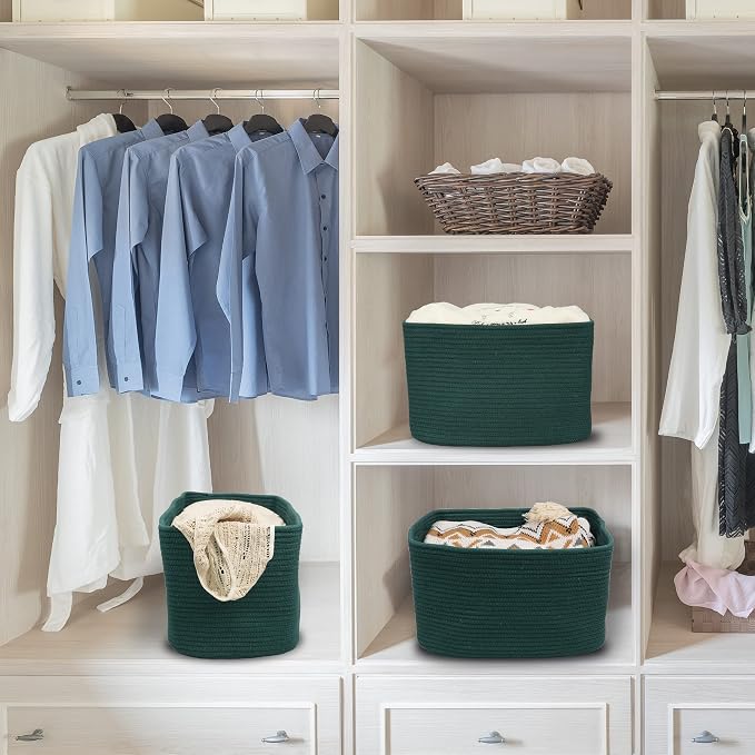 XUANGUO Woven Cotton Rope Storage Baskets 15x10x9.3" 3 Pack Dark Green | - Image 6