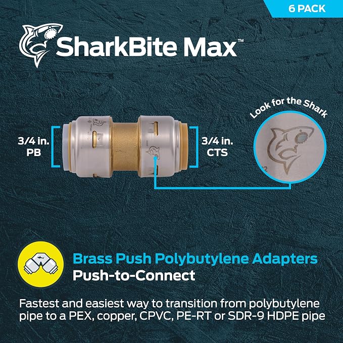 SharkBite Max 3/4 Inch Polybutylene Transition Coupling, Push to Connect Brass - Image 2