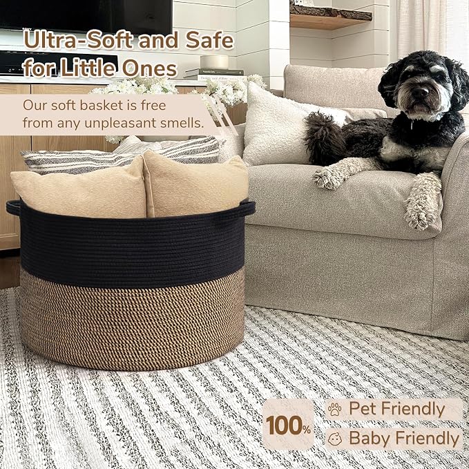 INDRESSME XXXLarge Woven Rope Blanket Basket Living Room Mix Black, 90L | 21.7" - Image 6