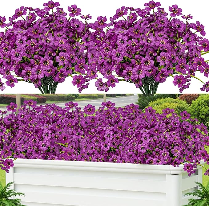 24 Pcs Artificial Flowers for Outdoor, Plastic Fake Flowers Decor, Fuchsia | UV by Lnoicy