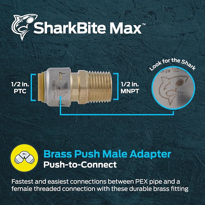SharkBite Max 1/2 Inch MNPT Adapter, Push to Connect Brass Plumbing Fitting - Image 2
