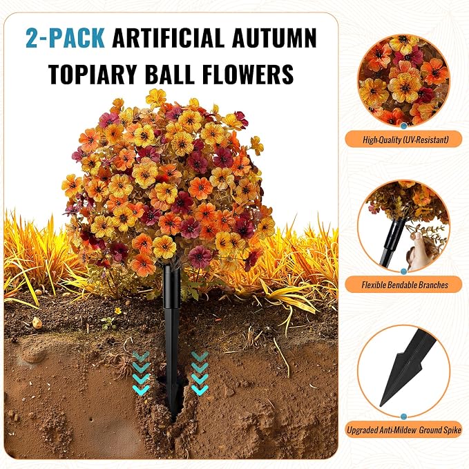 Alupssuc 2Pcs Artificial Fall Topiary Ball Flowers - Image 4