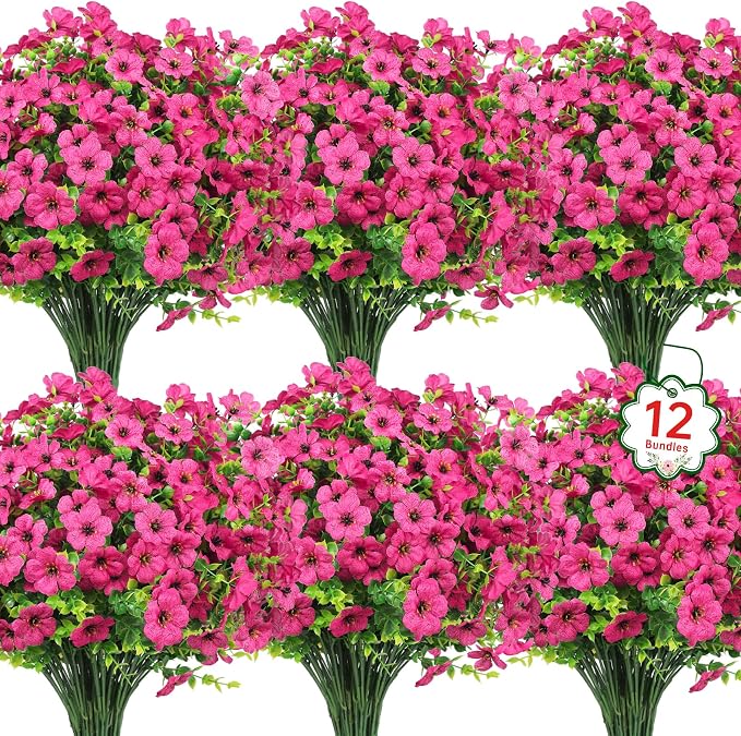 12 Pcs Artificial Flowers for Outdoors Decorations, Rose Red | Lifelike silk by OuddyDecor