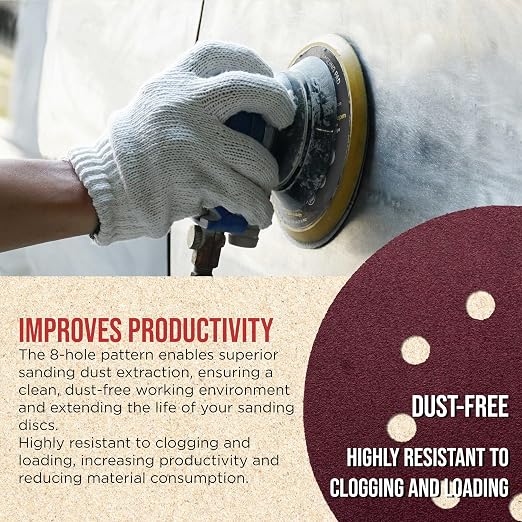 ProductionShop Premium 5" Red 8-Hole Pattern 100 Grit Sanding Discs, Box of 50 - Image 5
